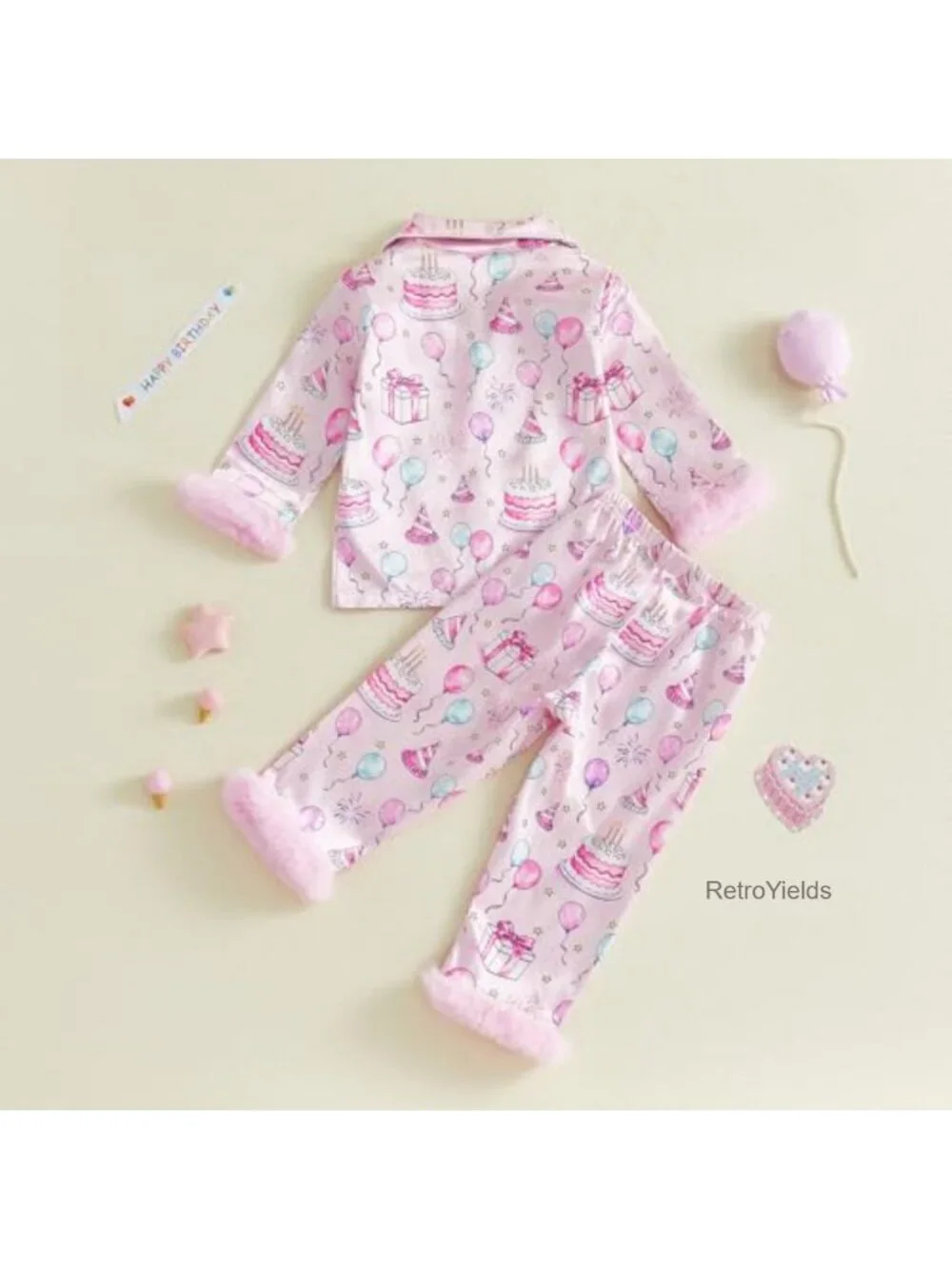 Kuriozud Kids Toddler Girl Pajamas Fuzzy Trim Button Down Shirt Pants 1-7Y
